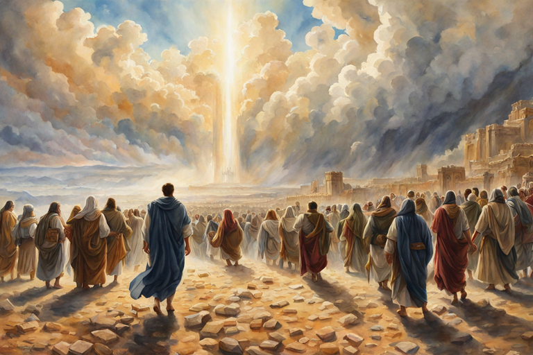 The children of Israel walking in the desert led by the pillar of cloud