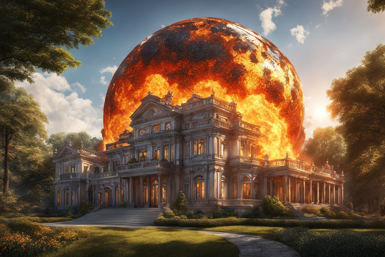 A huge ball of fire consuming a beautiful mansion. A depiction of Ellen White's vision from Testimonies for the Church 9:28