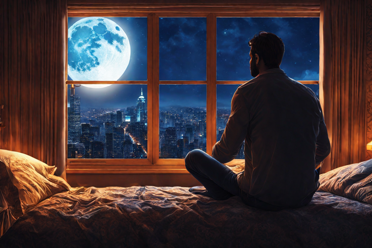 A man unable to sleep at night. He is awake and contemplating deeply.